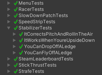Unity Test Framework — green checkmarks